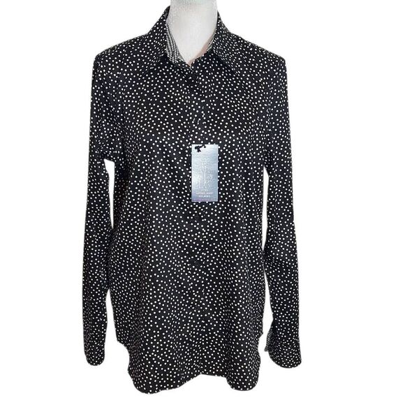 Chaps Women's Black and White Dot Print Cotton Button-up Blouse NWT Size Medium - Picture 1 of 11